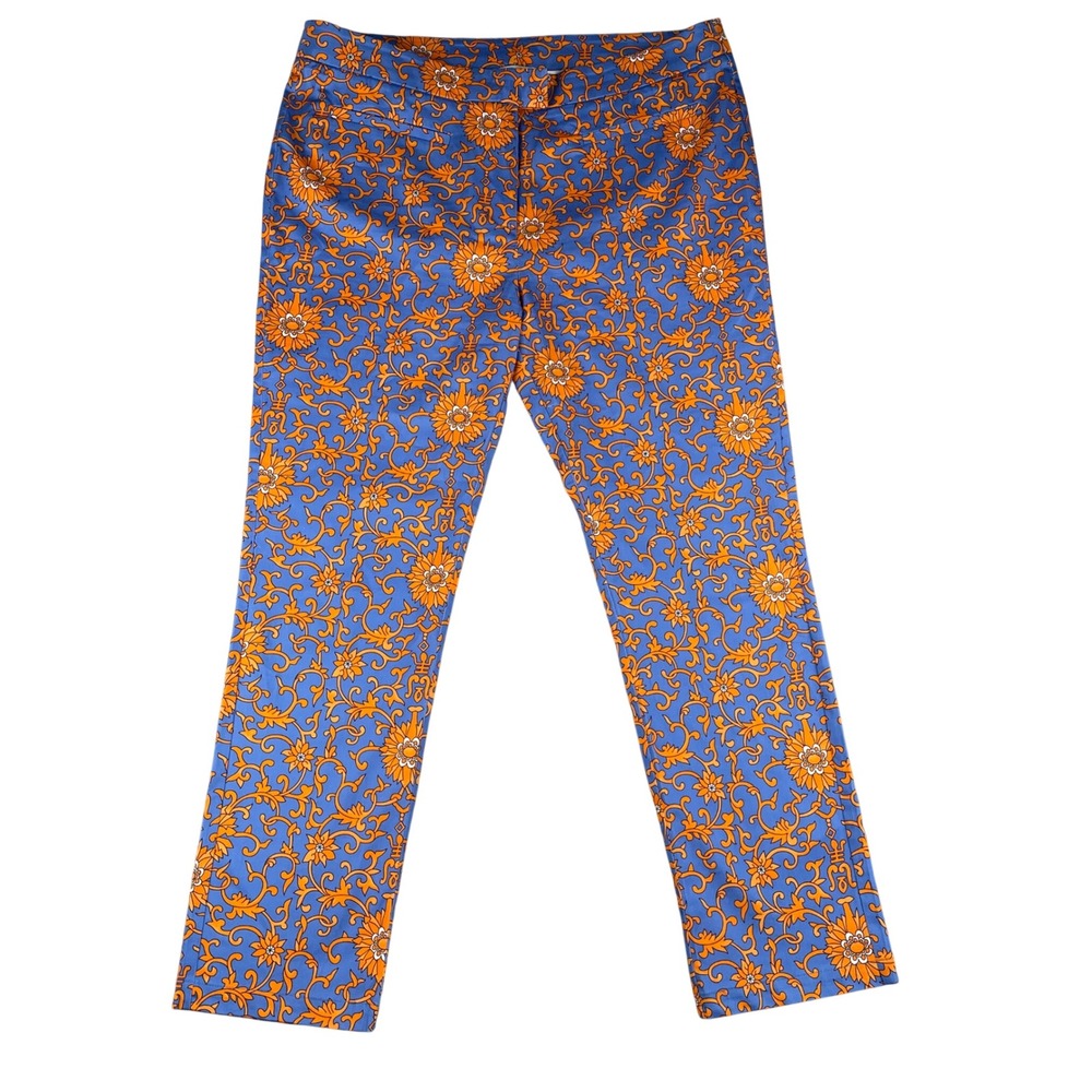Patty Kim Blue Orange Floral Scroll Print Straight Leg Trousers Size 10